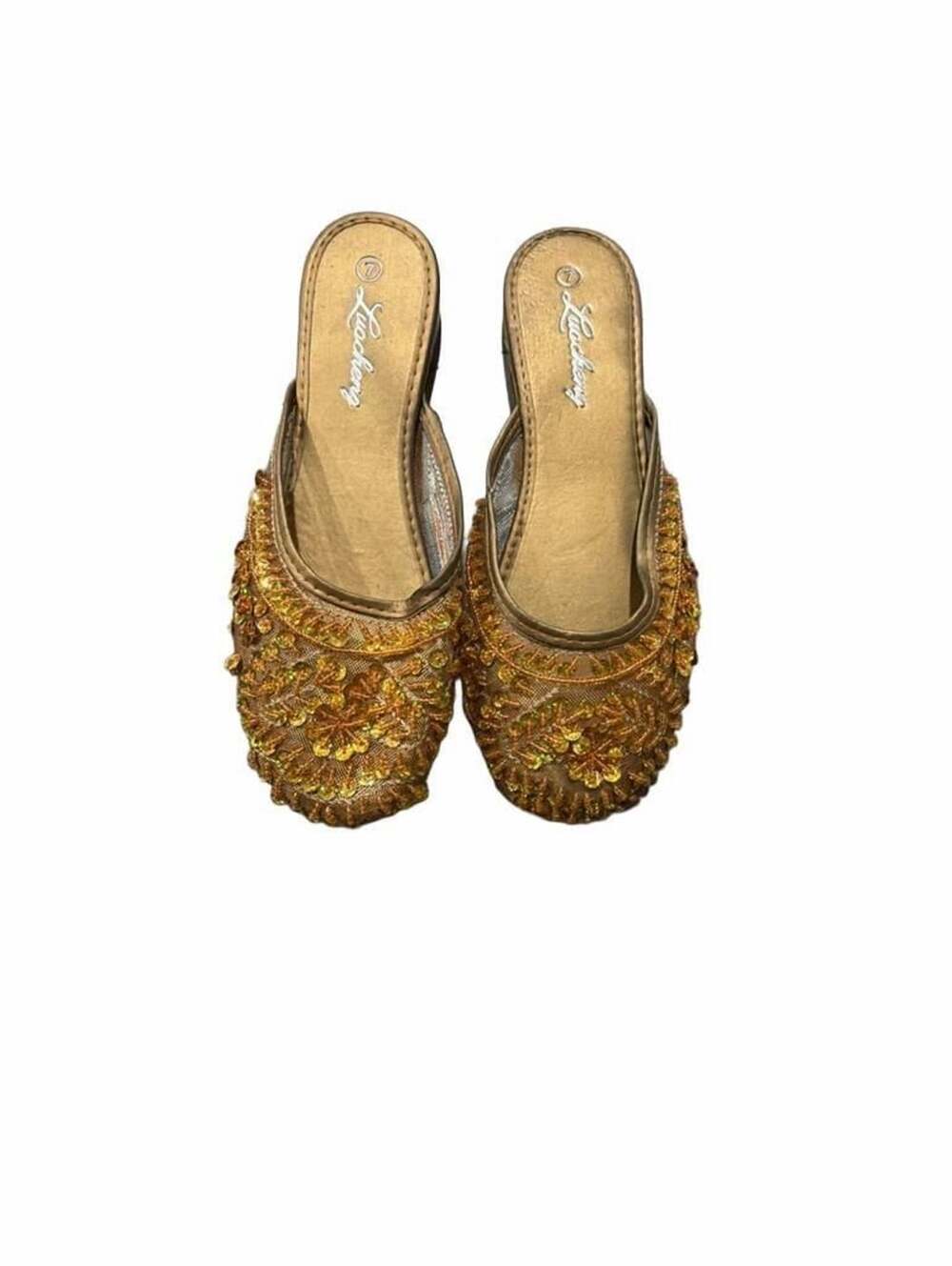Luocheng Beaded Mules Size 7 Gold Sequin Mesh Slip On Shoes